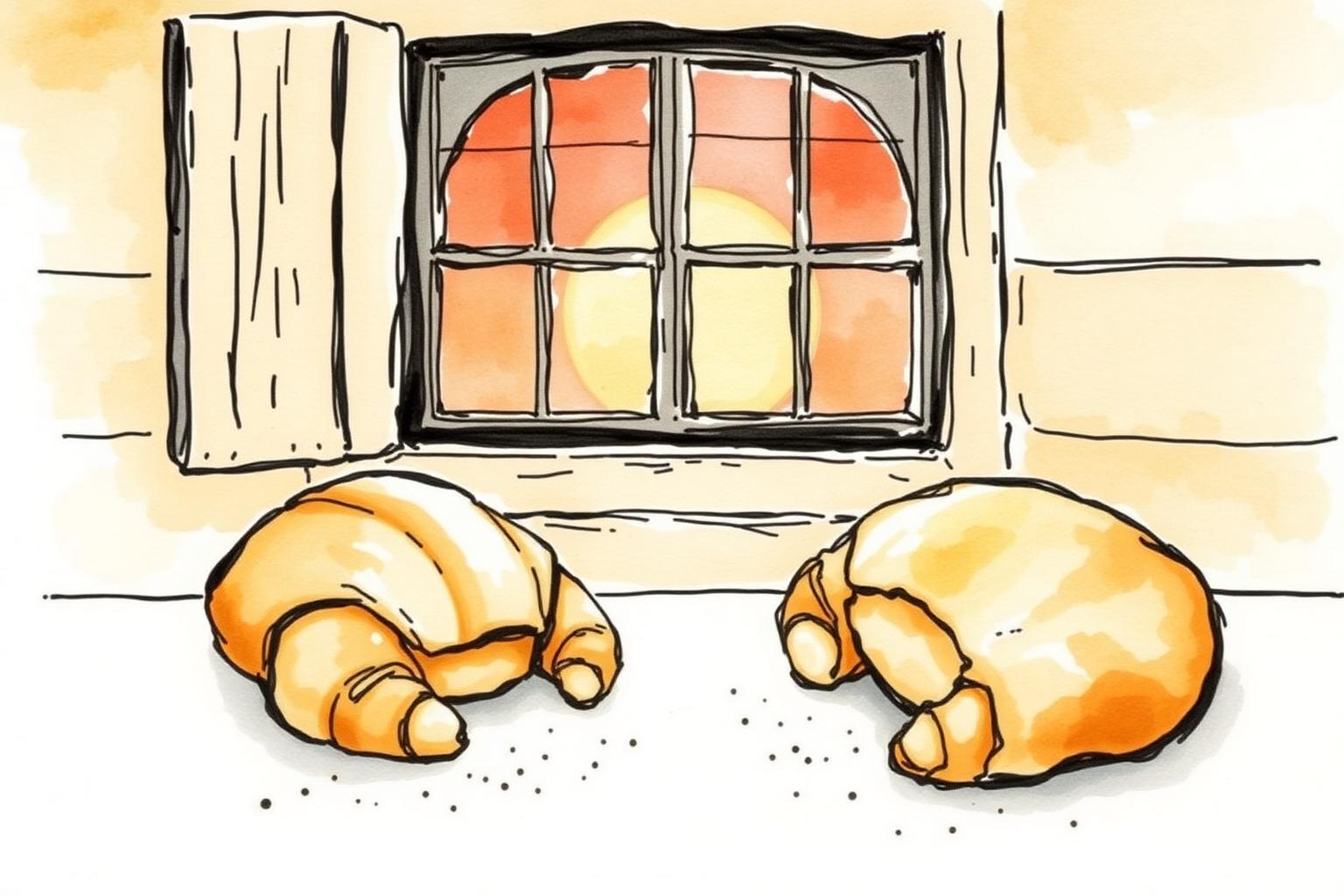 Watercolor of golden croissants by a sunlit bakery window
