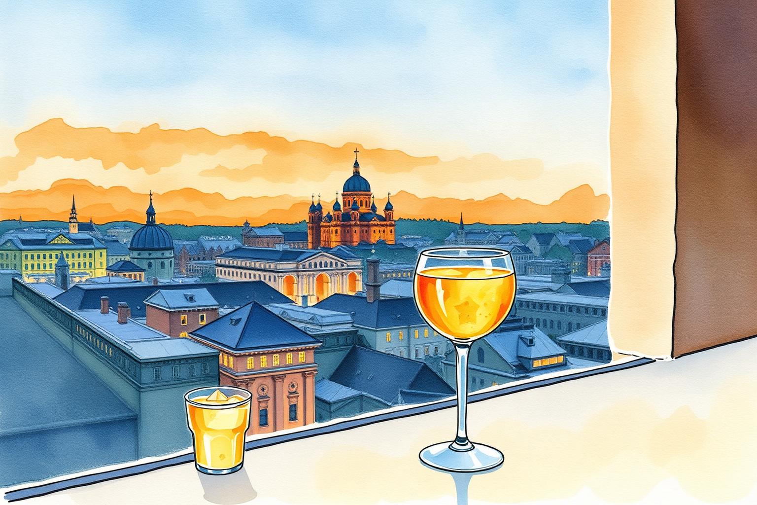 Watercolor of a Helsinki rooftop bar at twilight with cocktails