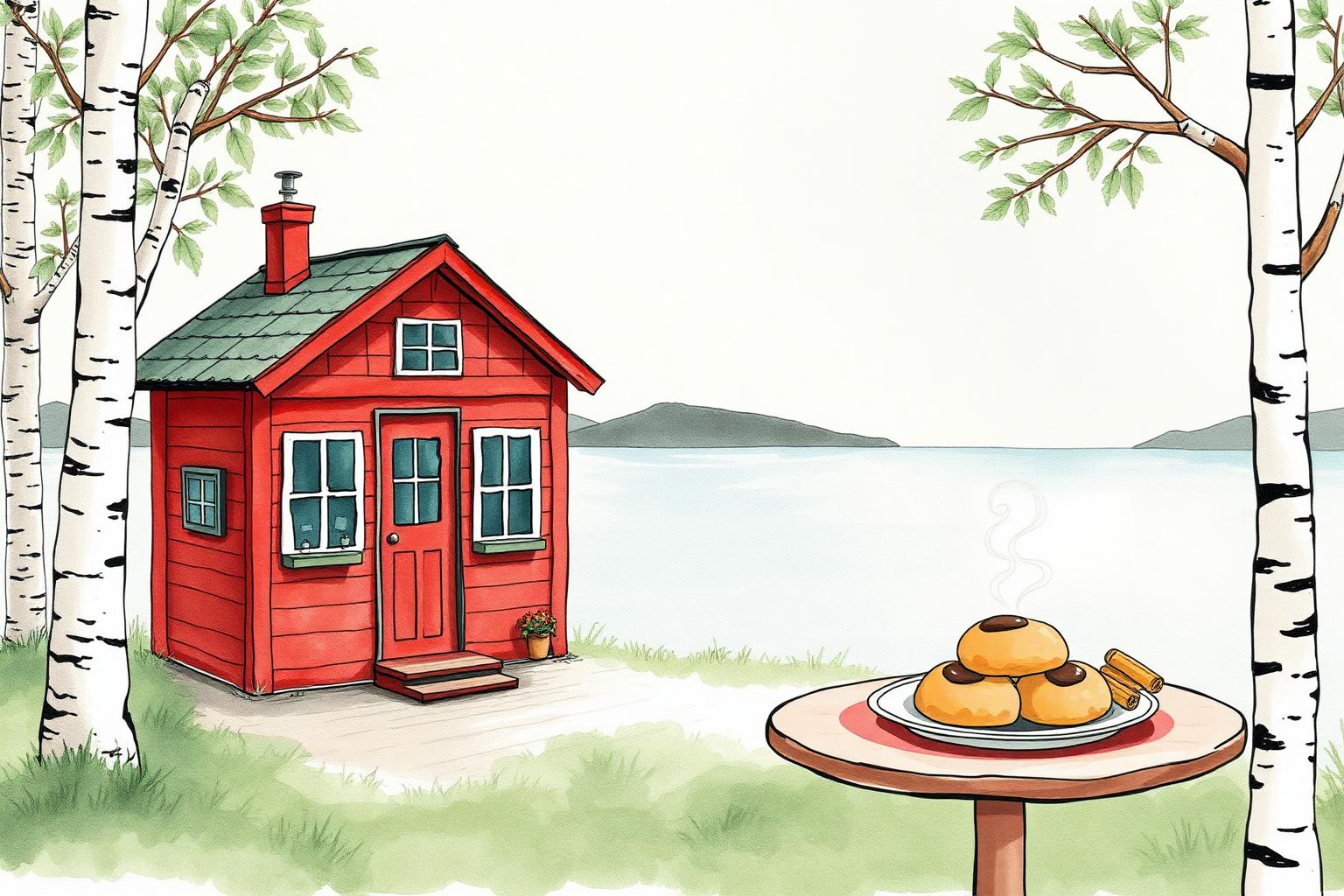 Watercolor of a tiny red Finnish café cottage by the bay