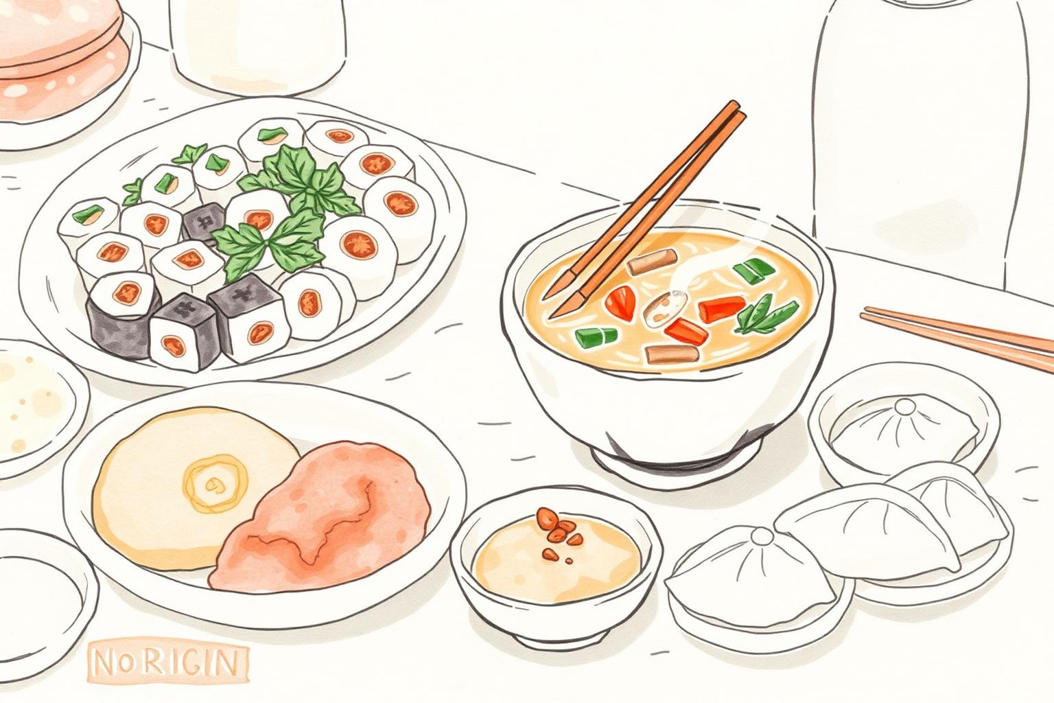 Watercolor of sushi, pho and dumplings on a market table