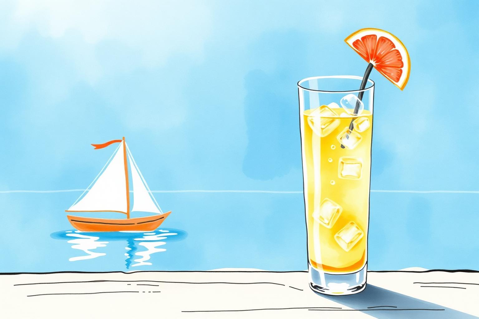 Watercolor of a tall lonkero glass with grapefruit by a harbor