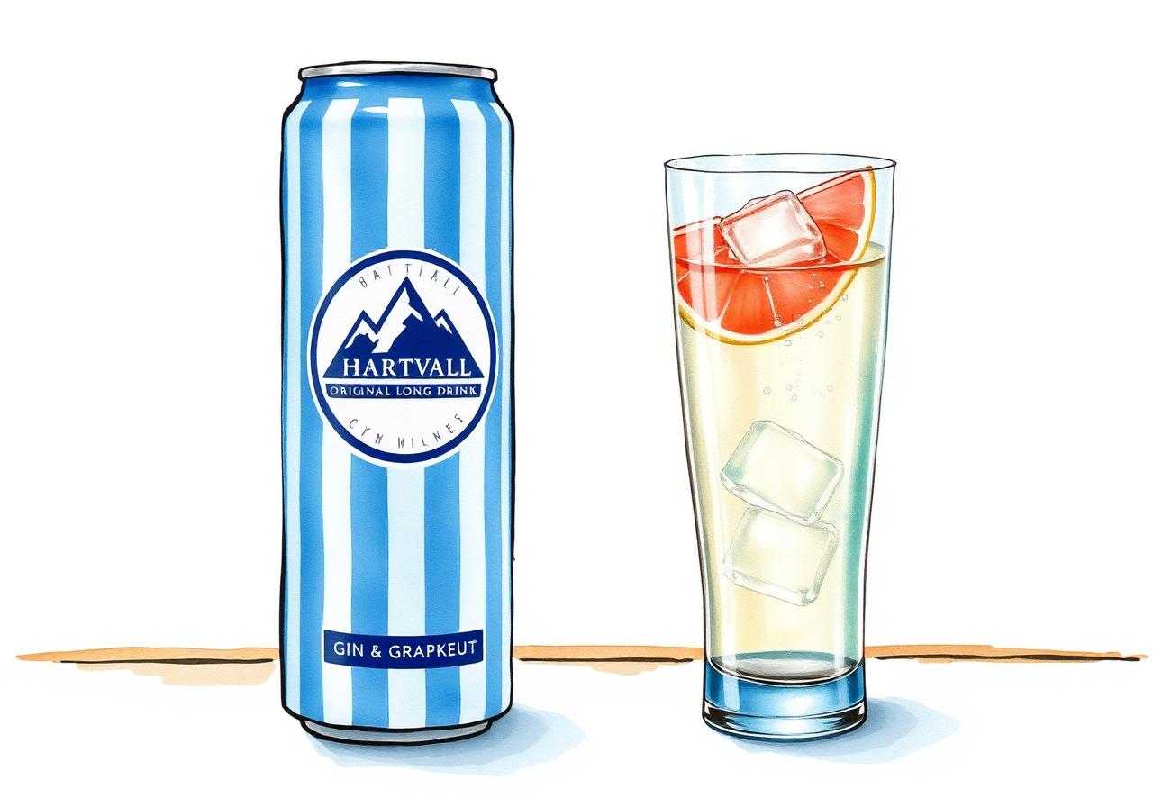 Watercolor of a sky-blue Hartwall Original lonkero can next to a tall fizzy glass with grapefruit