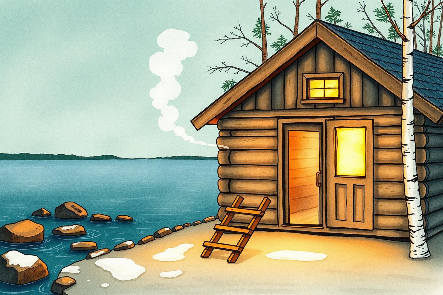 Watercolor of a wooden Finnish lakeside sauna at dusk