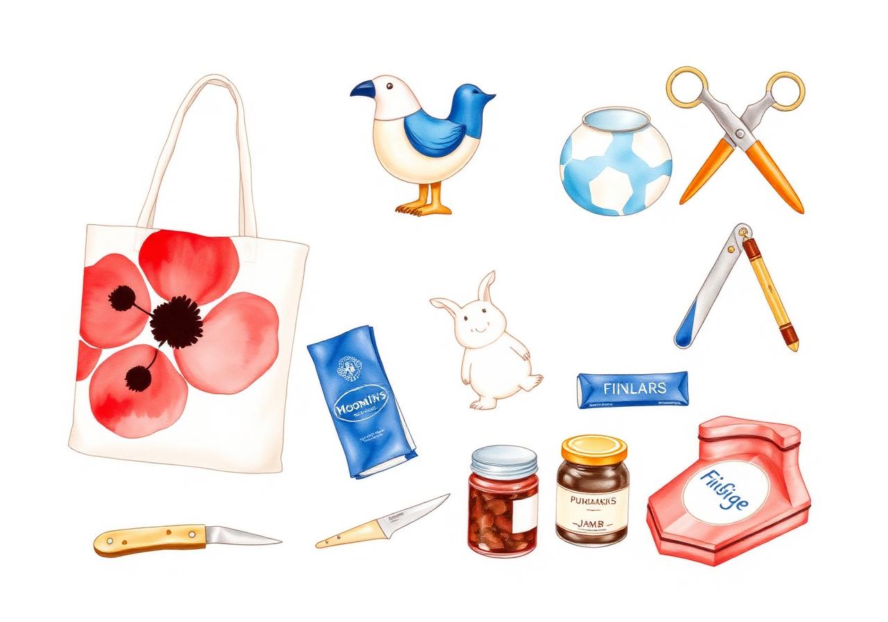 Watercolor of Finnish design icons — Marimekko, Iittala bird, Moomin, Fiskars, Fazer
